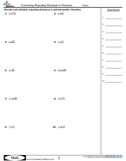 Converting Forms Worksheets - Converting Repeating Decimals to Fractions worksheet
